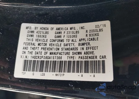 2016 Honda Accord Ex z USA, uszkodzony, nr VIN 1HGCR2F08GA157366